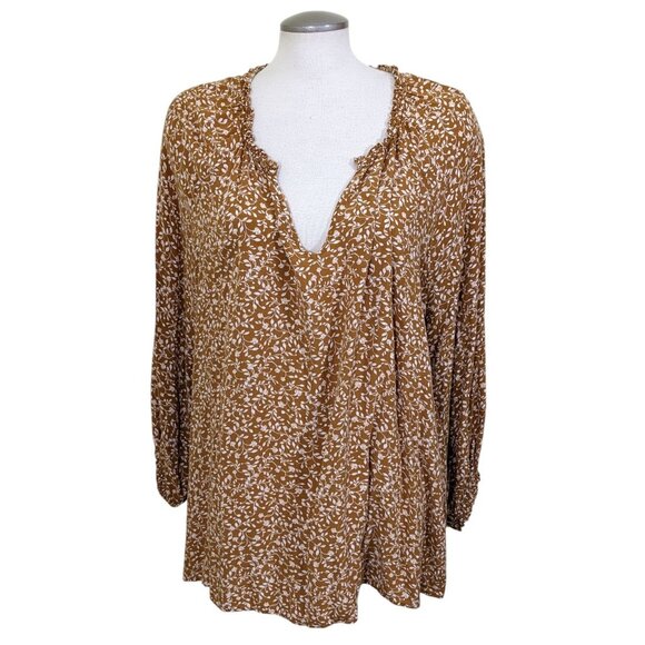 Old Navy Womens Floral Split Neck Poet Blouse Size 4X Caramel Brown Long Sleeve - Picture 1 of 6